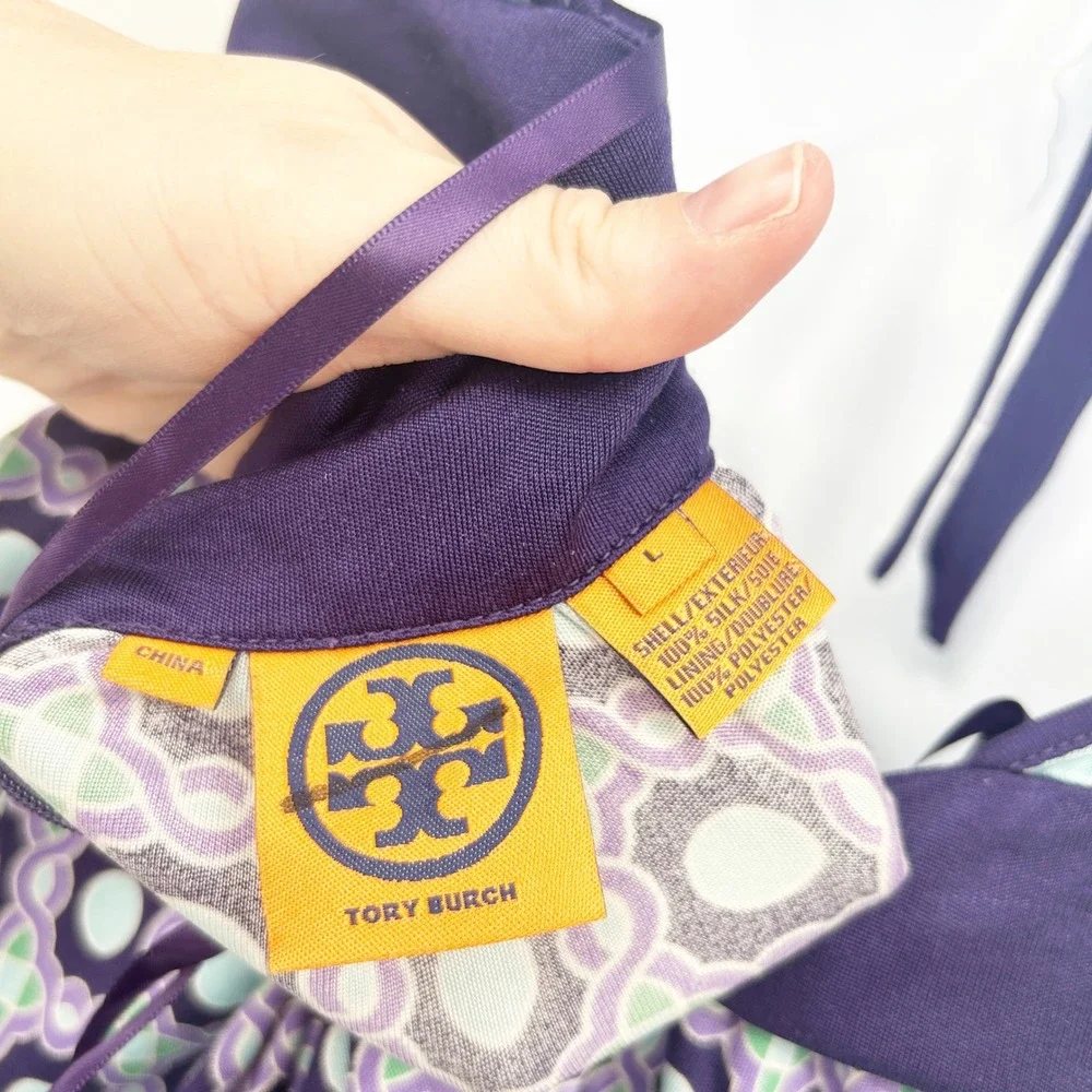 Tory Burch Womens Retro Geometric Print 100% Silk Halter‎ Dress Purple Size L